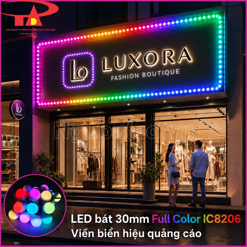 LED bát 30mm Full Color IC8206 đầu đục đi viền biển hiệu showroom Luxora Lighting