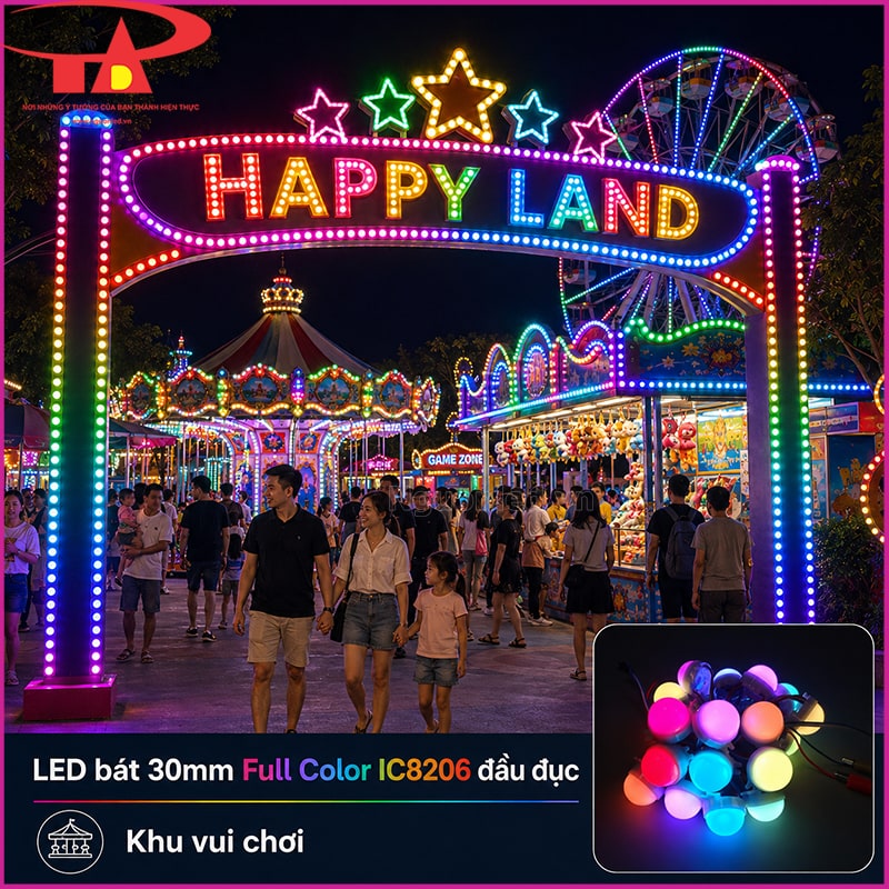 LED bát Full Color 30mm IC8206 tự chạy trang trí cổng khu vui chơi Happy Land