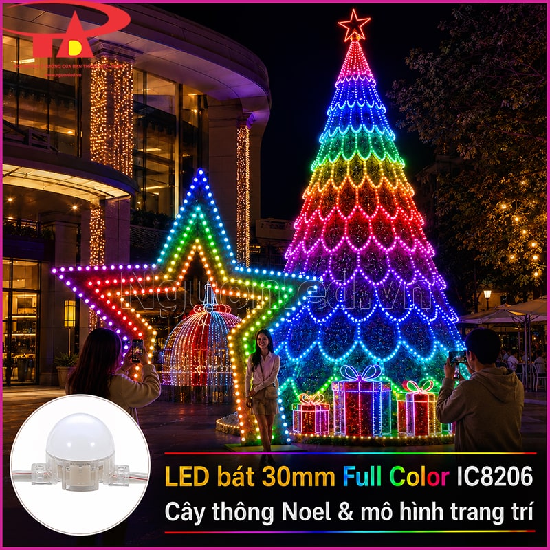 LED bát Full Color 30mm IC8206 tự chạy trang trí cây thông Noel và mô hình lễ hội