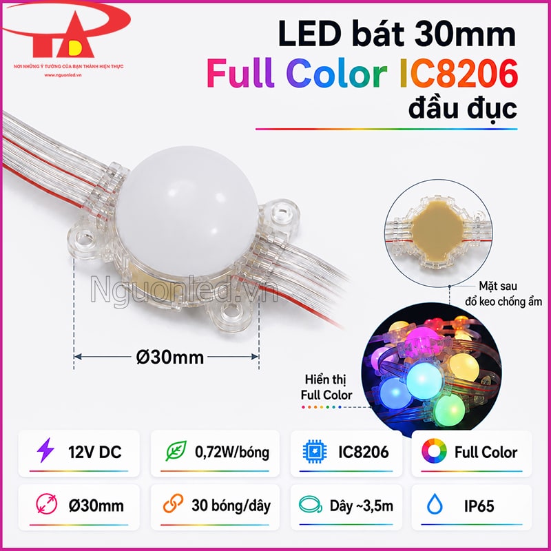 LED bát 30mm F30 Full Color đầu đục IC8206 với thông số 12V, Ø30mm và IP65