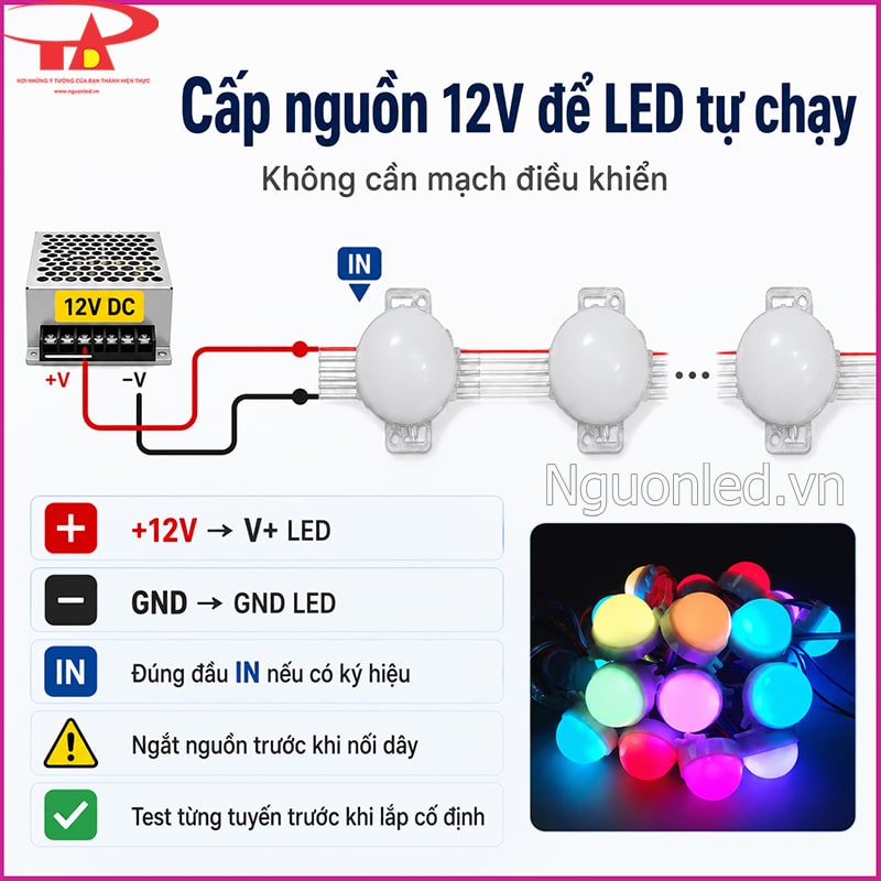 Sơ đồ cấp nguồn 12V DC cho LED bát 30mm Full Color IC8206 tự chạy