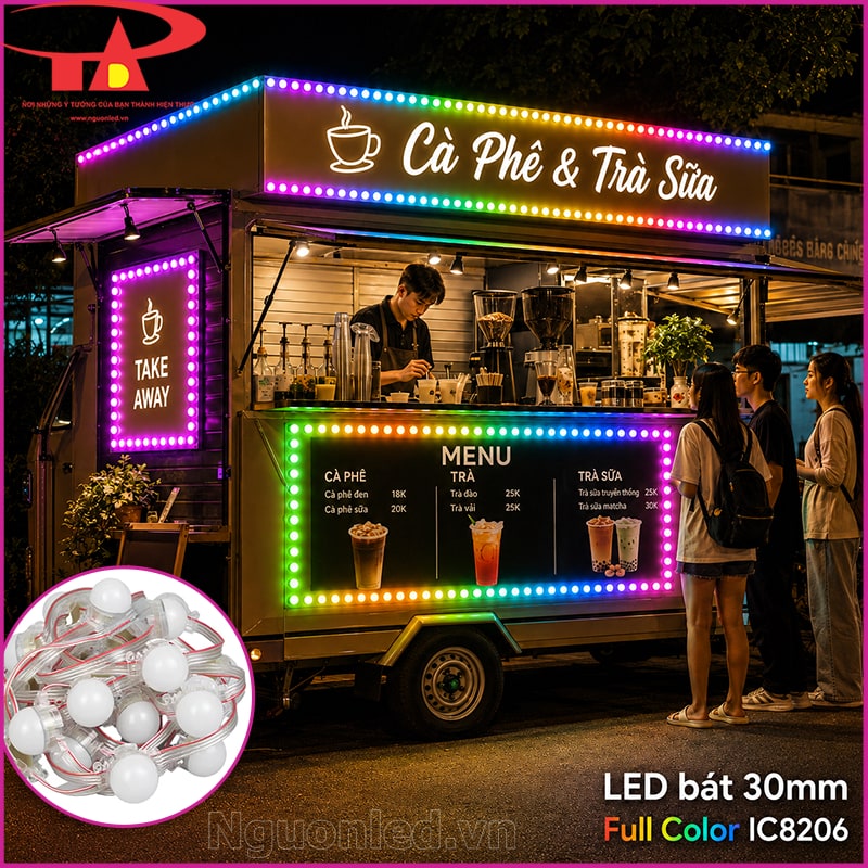 LED bát 30mm Full Color IC8206 trang trí xe cà phê trà sữa với viền menu và bảng hiệu