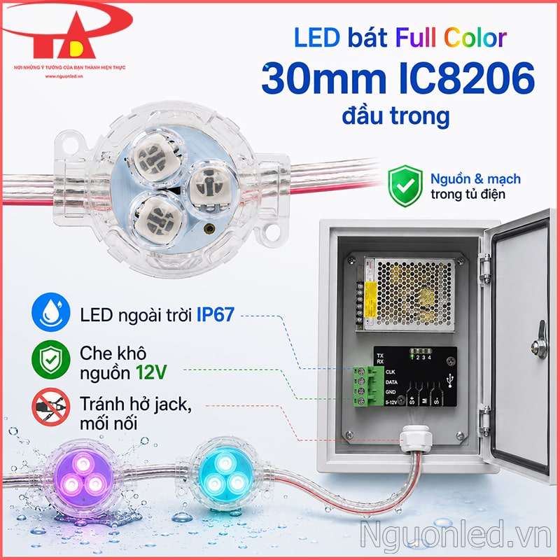  LED bát Full Color 30mm IC8206 với lưu ý bảo vệ nguồn, mạch và các điểm nối