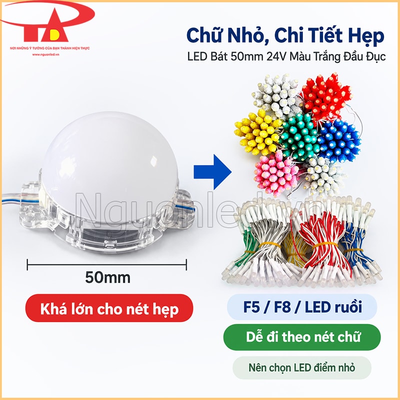 LED bát 50mm ánh sáng trắng đầu đục với kích thước điểm sáng lớn