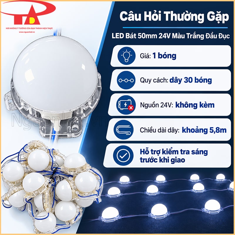 LED bát 50mm 24V đầu đục ánh sáng trắng lạnh 6000–6500K