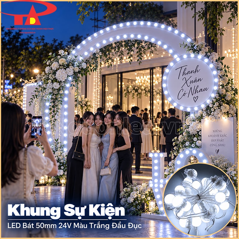 Khung trang trí sự kiện dùng LED bát 50mm sáng trắng đầu đục 