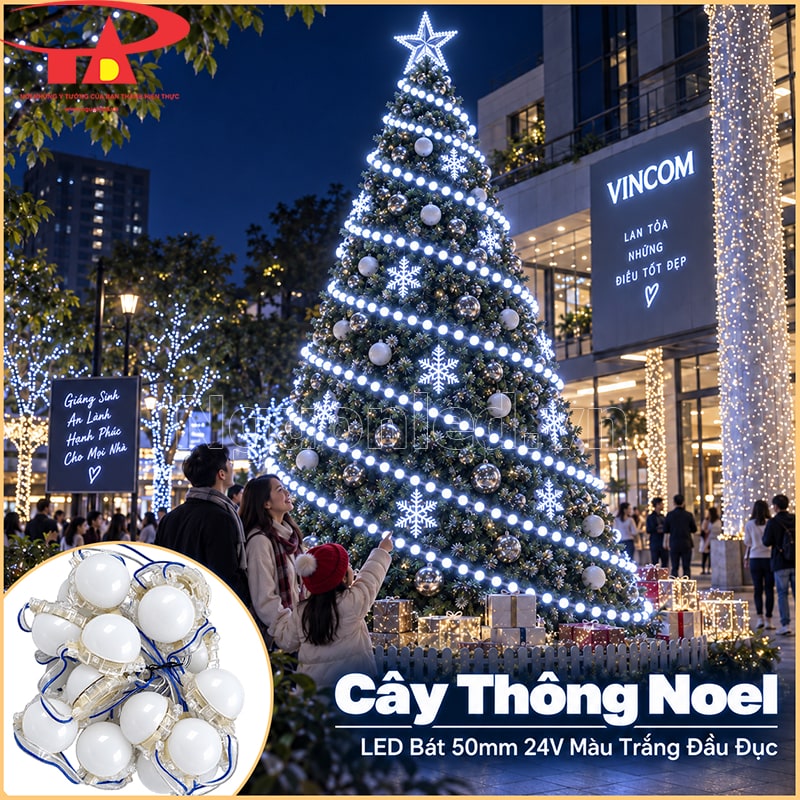 Cây thông Giáng sinh trang trí bằng LED bát 50mm màu trắng đầu đục