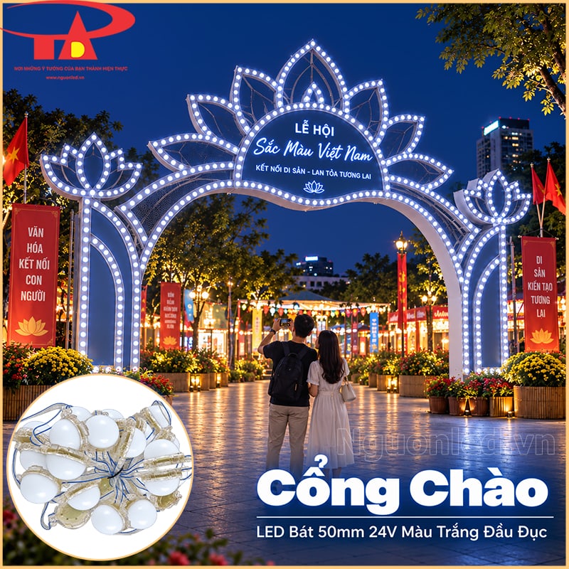 Cổng trang trí bằng LED bát F50 24V màu trắng đầu đục theo đường viền 