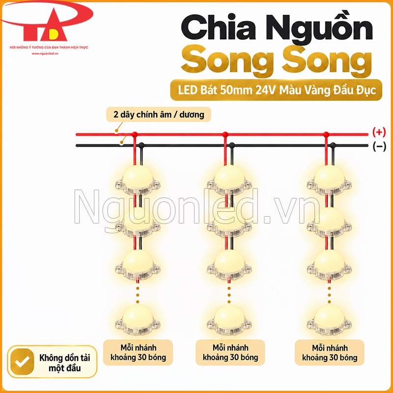 LED bát 50mm 24V màu vàng đầu đục bố trí theo các nhánh cấp nguồn song song
