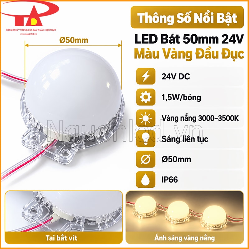 LED bát 50mm 24V màu vàng đầu đục với các thông số kỹ thuật chính 