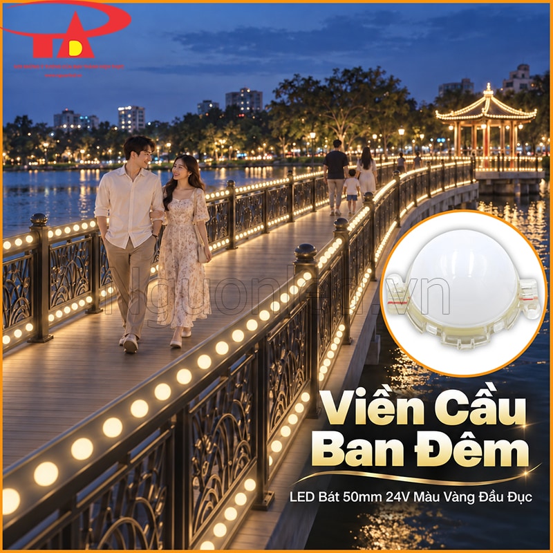 Cầu ngoài trời chạy LED bát 50mm màu vàng đầu đục dọc thành cầu và lan can