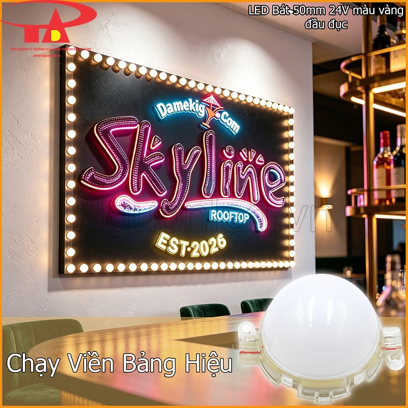Biển hiệu chạy viền bằng LED bát 50mm màu vàng đầu đục quanh khung bảng 