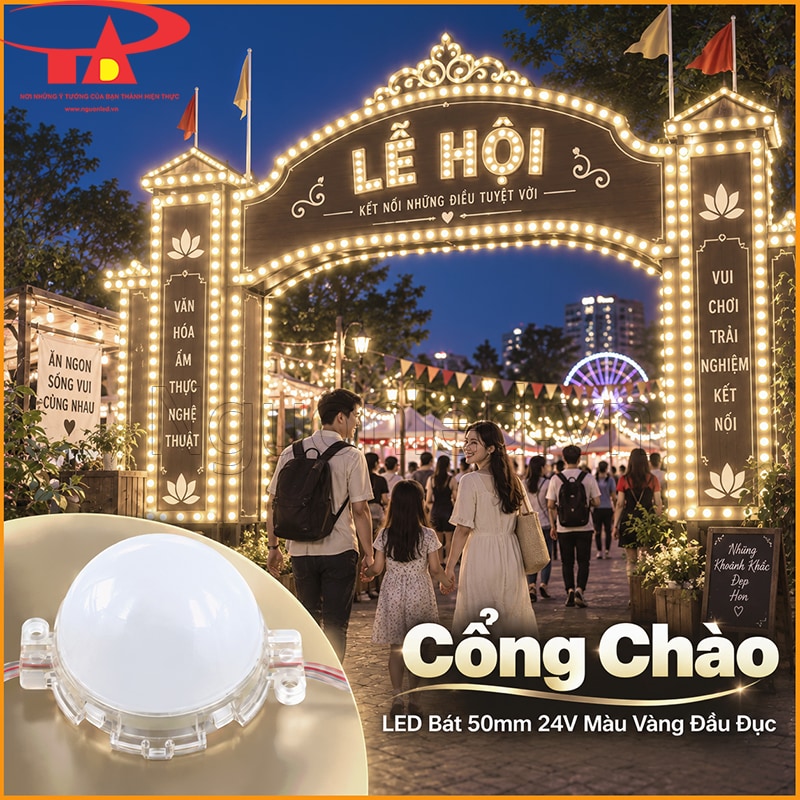 Cổng chào lễ hội gắn LED bát F50 24V màu vàng đầu đục theo trụ và vòm