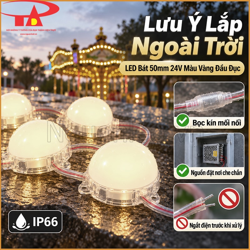 LED bát 50mm màu vàng đầu đục lắp ngoài trời với dây đi theo kết cấu công trình