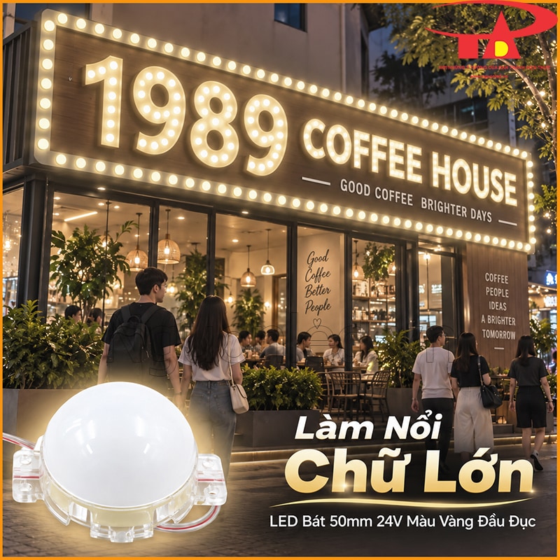  Dây đèn led bát phi 5cm màu vàng đầu đục chạy theo viền biển quảng cáo lớn