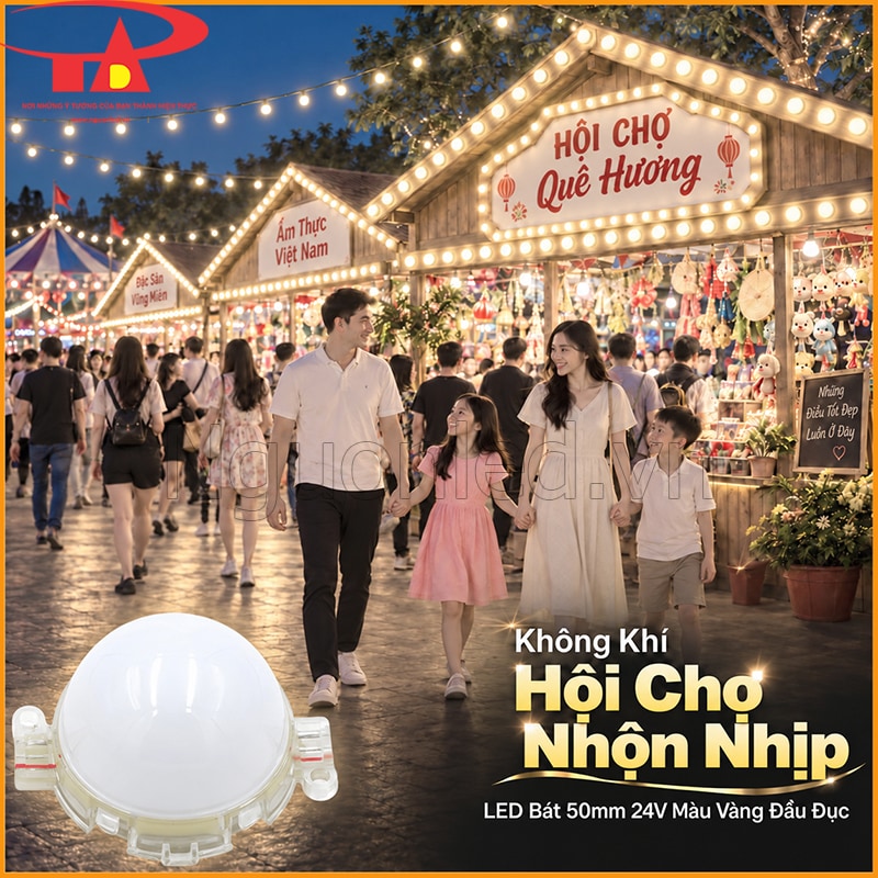 Gian hàng hội chợ trang trí LED bát 50mm vàng nắng đầu đục trên mái và bảng tên
