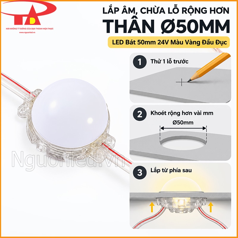 LED bát đơn màu 50mm 24V đầu đục với thân tròn Ø50mm và mặt trắng đục