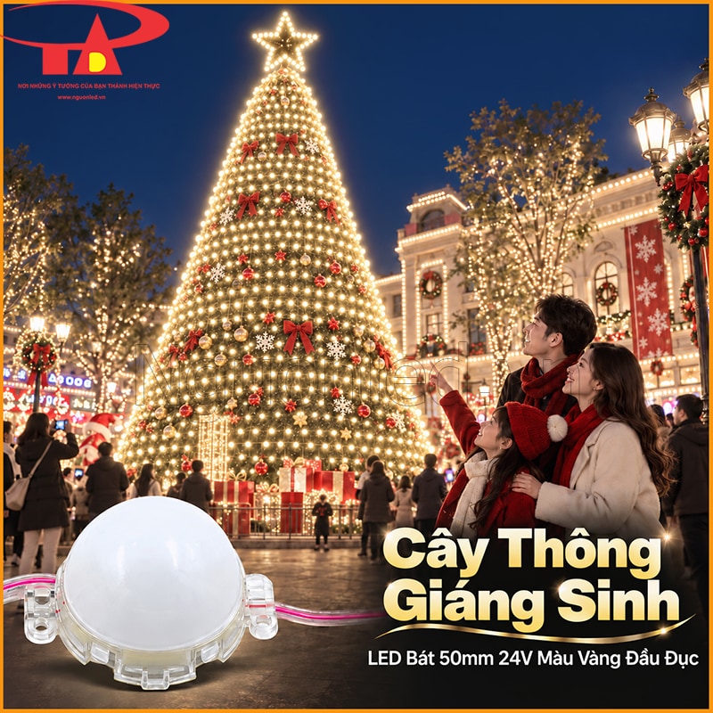 Cây thông Noel trang trí bằng LED bát 50mm vàng nắng đầu đục theo từng tầng