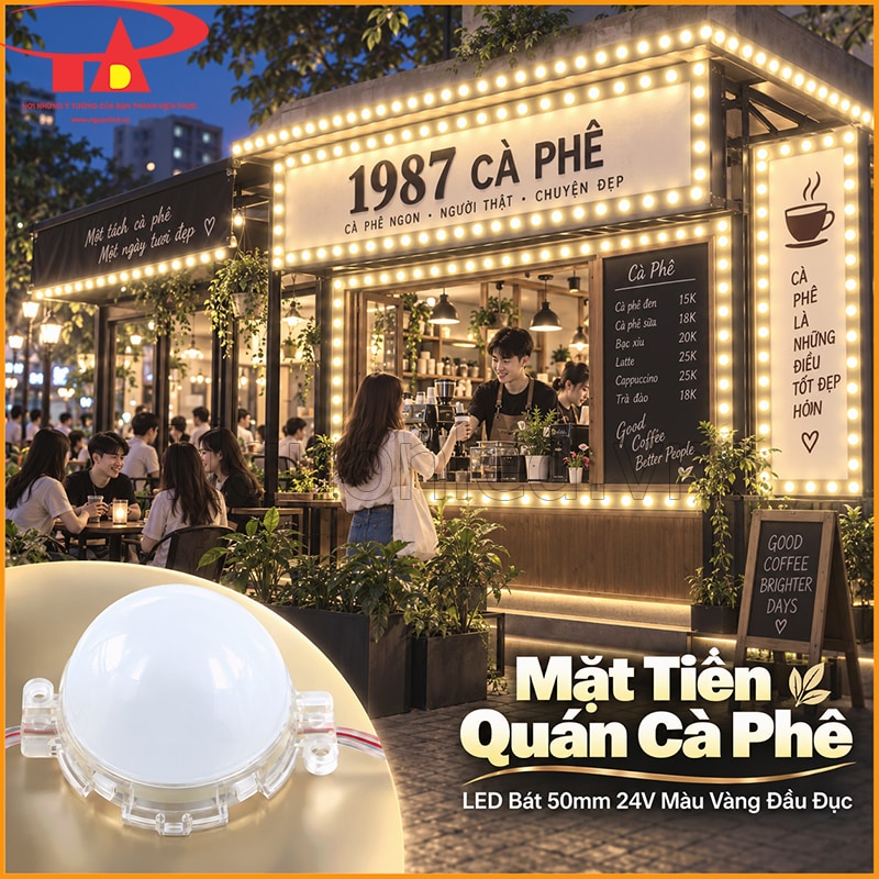 Mặt tiền quán cà phê trang trí LED bát 50mm vàng nắng đầu đục theo mái hiên