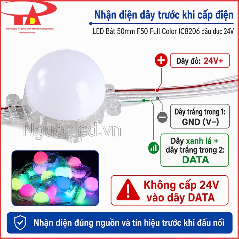 Sơ đồ dây LED bát IC8206 với dây đỏ 24V+, dây GND và hai đường tín hiệu DATA