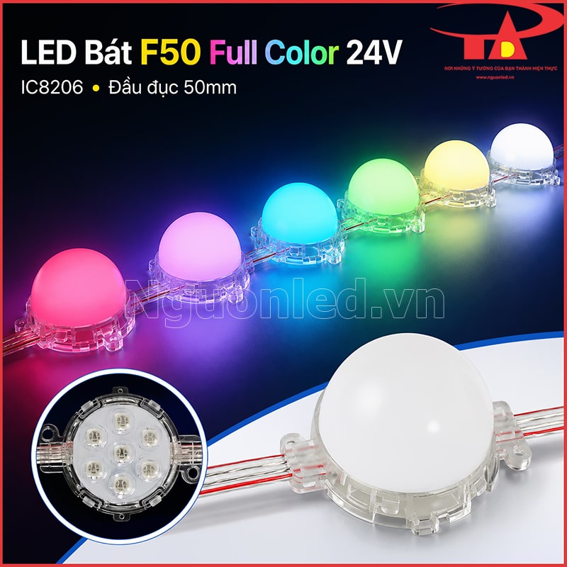 LED bát F50 Full Color IC8206 đầu đục với chụp trắng sữa và các bóng sáng nhiều màu