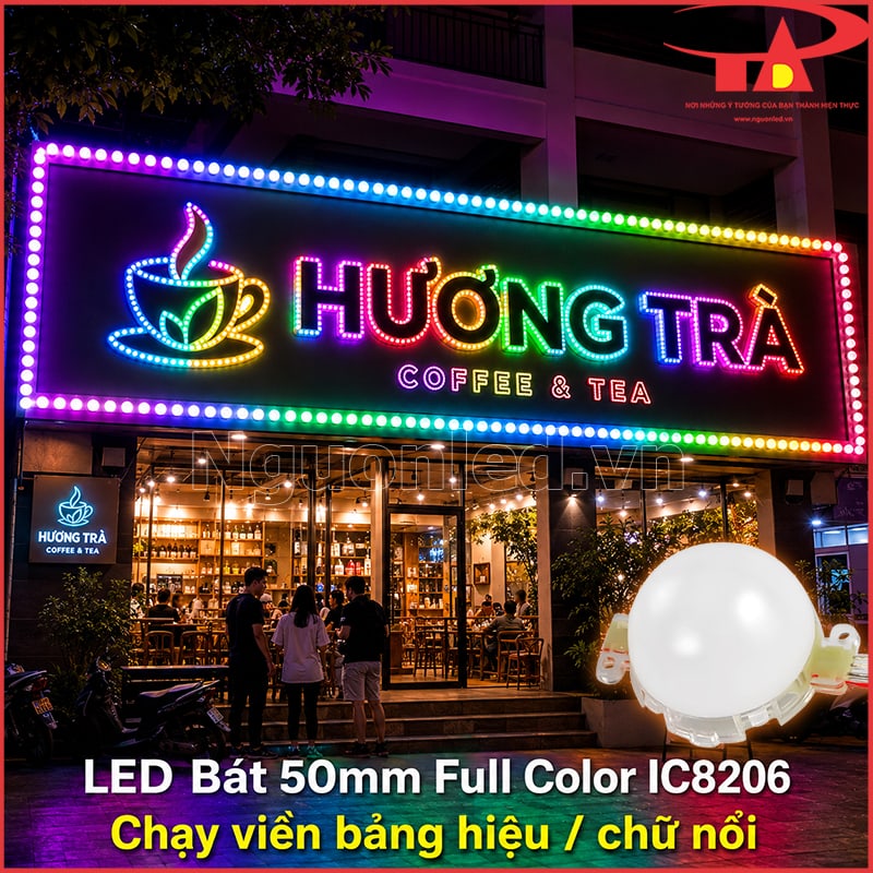 Biển hiệu Hương Trà viền bảng và tạo chữ bằng các điểm LED bát 50mm Full Color 