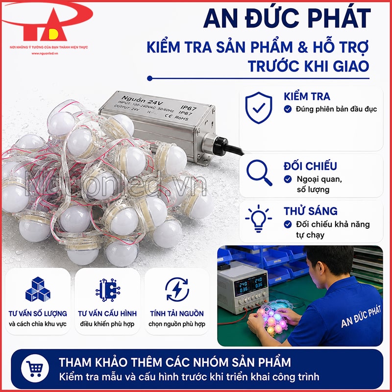 Nhân viên kiểm tra LED bát 50mm đầu đục cùng nguồn 24V và thử sáng sản phẩm