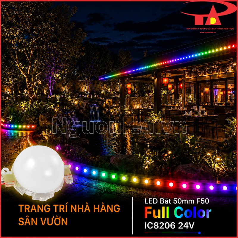 Nhà hàng sân vườn dùng LED bát Full Color chạy dọc mái và viền cảnh quan quanh hồ 