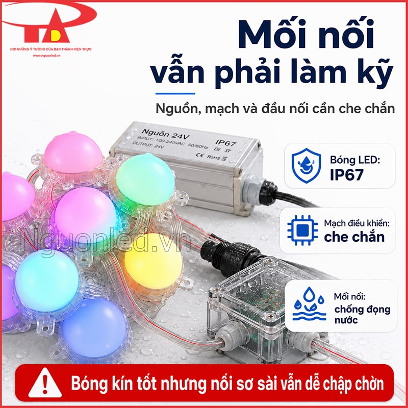 LED bát Full Color kết hợp nguồn 24V, mạch điều khiển và các đầu nối cần chống đọng nước