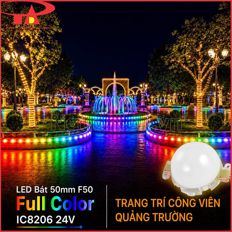  Công viên và đài phun nước có các dãy LED bát Full Color quanh lối đi và bồn cảnh