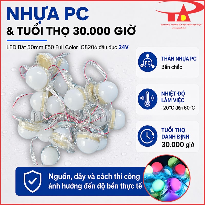 LED bát F50 đầu đục với thông tin thân nhựa PC, nhiệt độ làm việc và tuổi thọ danh định