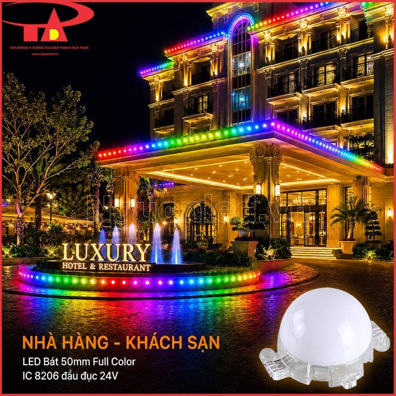 Khách sạn được viền LED bát Full Color dọc mái sảnh và khu cảnh quan phía trước