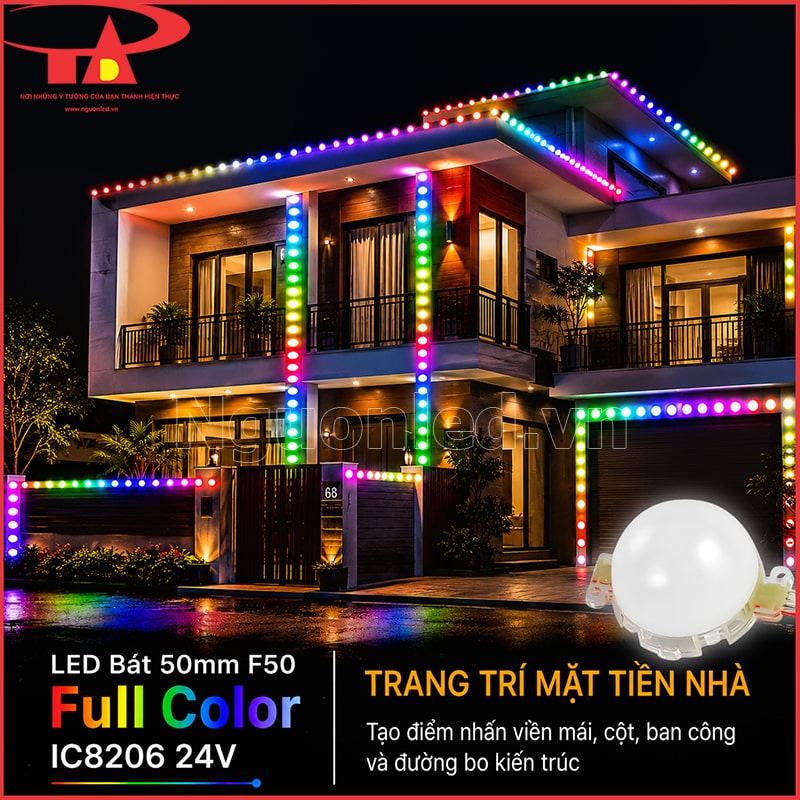Mặt tiền nhà hai tầng chạy LED bát Full Color theo mái, cột, ban công và cổng 