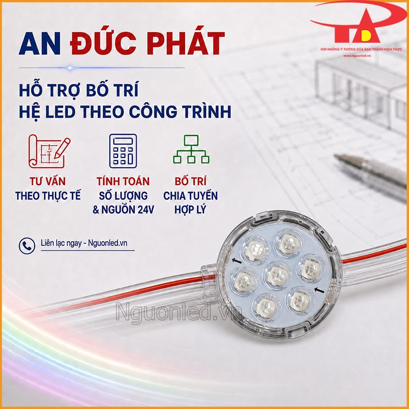  LED bát 50mm Full Color đầu trong bên bản vẽ hỗ trợ tính số lượng, nguồn 24V và chia tuyến 