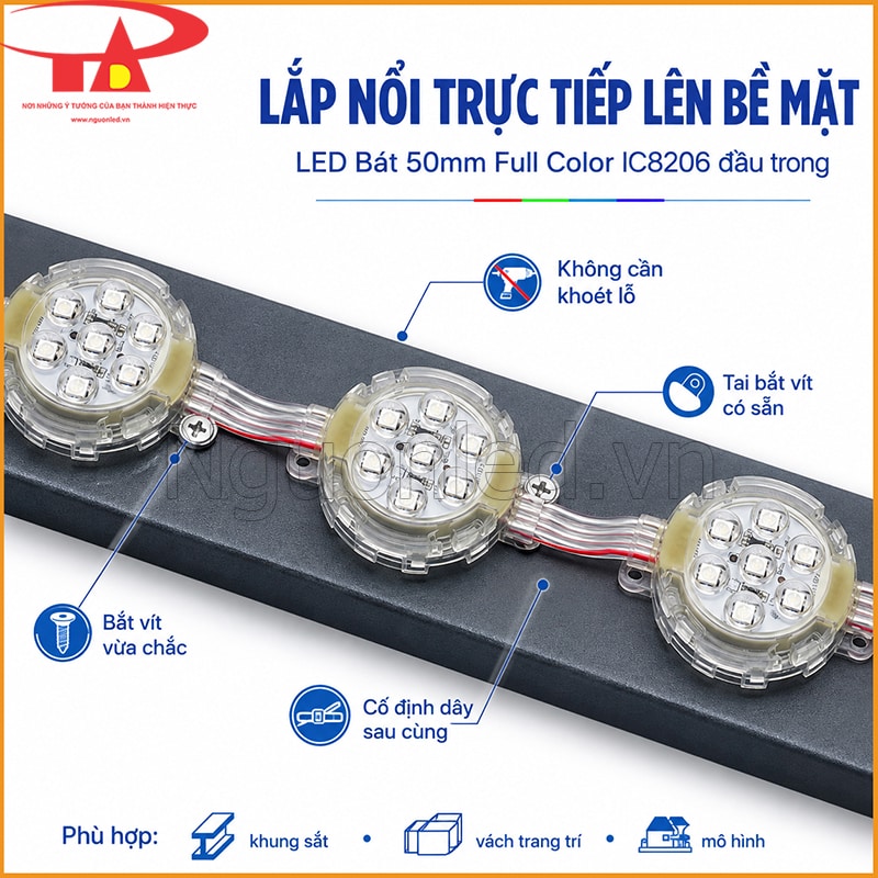 LED bát Full Color đầu trong 50mm lắp nổi trên khung bằng các tai bắt vít có sẵn