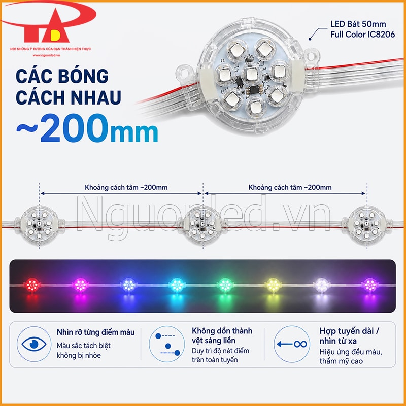 LED bát phi 50 Full Color 8206 bố trí với khoảng cách tâm hai bóng khoảng 200mm