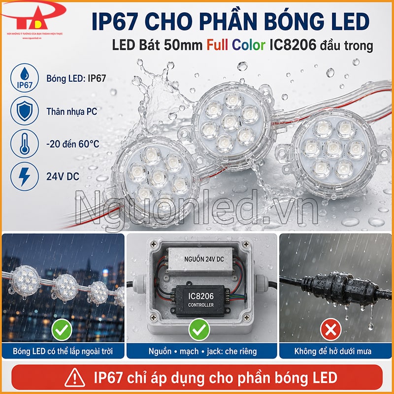 LED bát 50mm IC 8206 24V đầu trong có IP67 cho phần bóng, nguồn và mạch cần che riêng