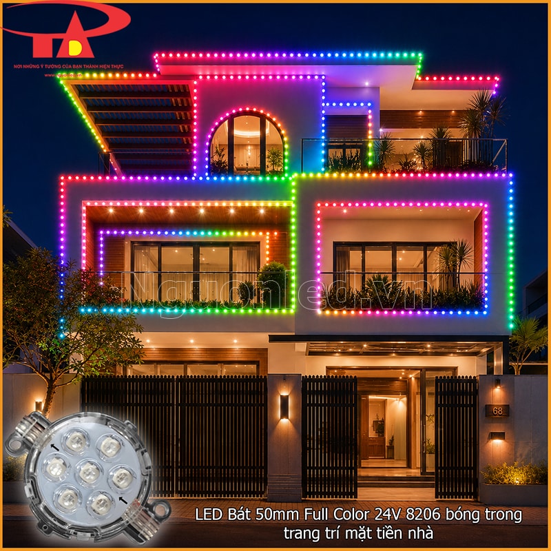 Mặt tiền nhà nhiều tầng chạy LED bát 50mm Full Color theo mái, ban công và khung cửa 