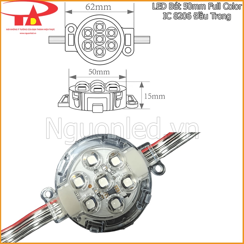 Bản vẽ LED bát 50mm đầu trong thể hiện mặt bóng, kích thước thân 50mm và chiều cao 15mm