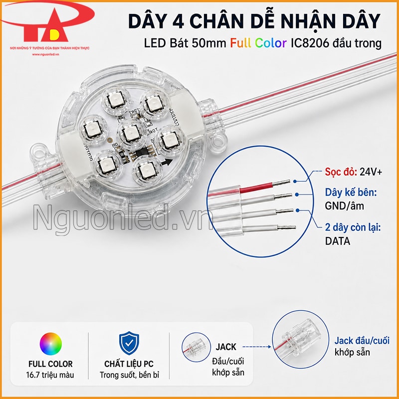 Dây 4 chân LED bát 50mm IC8206 gồm sọc đỏ 24V+, dây GND và hai dây DATA