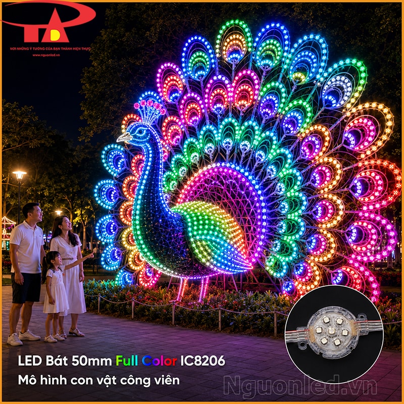 Mô hình chim công trong công viên tạo hình bằng LED bát F50 Full Color nhiều màu 