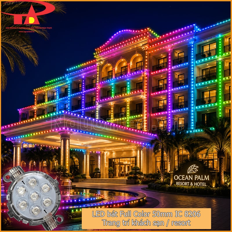 Khách sạn và resort chạy viền mặt tiền bằng LED bát Full Color 50mm IC8206 nhiều màu