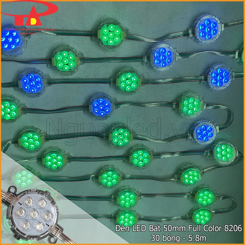 Dây LED bát Full Color 50mm IC 8206 gồm 30 bóng dài khoảng 5,8m phát xanh lá và xanh dương