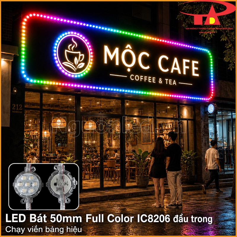 Biển Mộc Cafe chạy viền bằng LED bát Full Color 50mm IC 8206 đầu trong nhiều màu