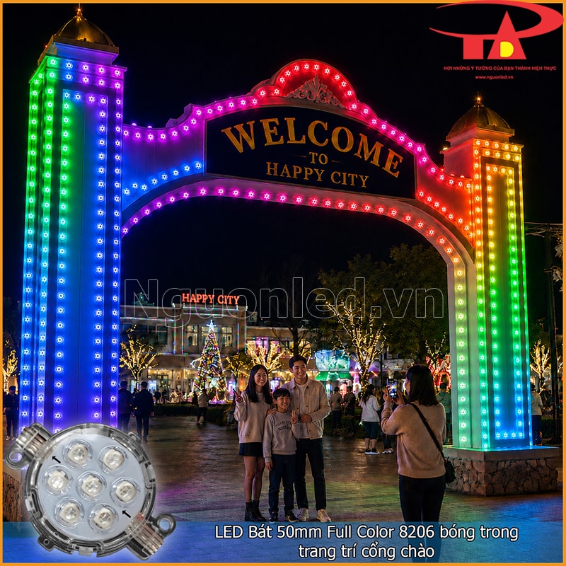 Cổng chào lễ hội chạy LED bát phi 50 Full Color 8206 theo trụ và phần vòm nhiều màu