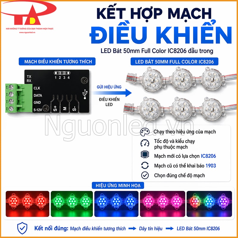 LED bát 50mm IC8206 kết hợp mạch điều khiển để chạy hiệu ứng theo tín hiệu cài đặt