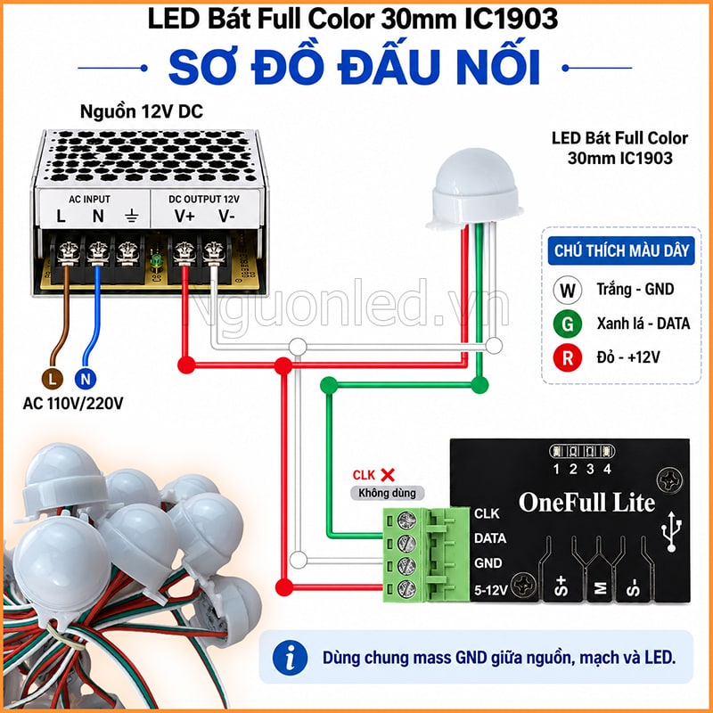 Mạch điều khiển kết nối với dây LED bát Full Color 30mm IC1903