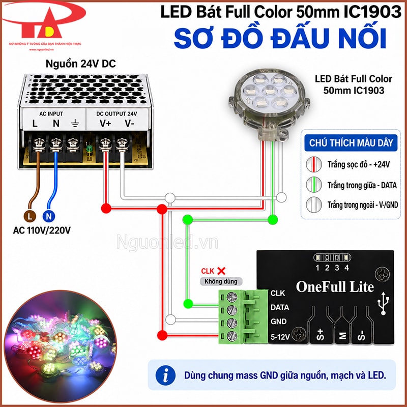 Hướng dẫn lắp đặt LED bát Full Color 50mm 24V IC1903 với ba dây kết nối