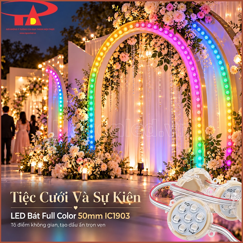 Không gian sự kiện trang trí bằng LED bát Full Color 50mm với các điểm sáng màu