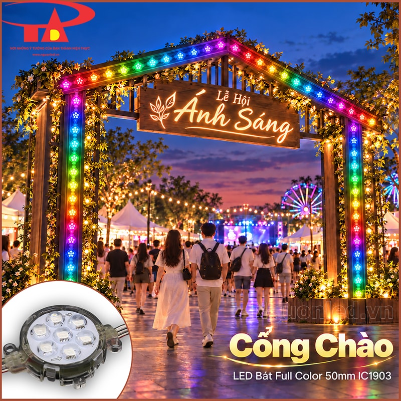 Cổng chào trang trí bằng LED bát Full Color 50mm IC1903 dọc hai trụ và vòm